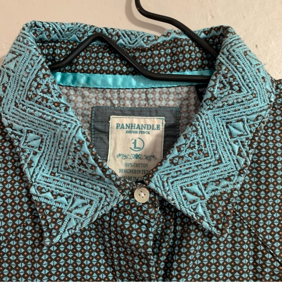 Men’s Embroidered Panhandle Rough Stock Teal Pearl Snap Long Sleeve Collar Shirt - Picture 4 of 6